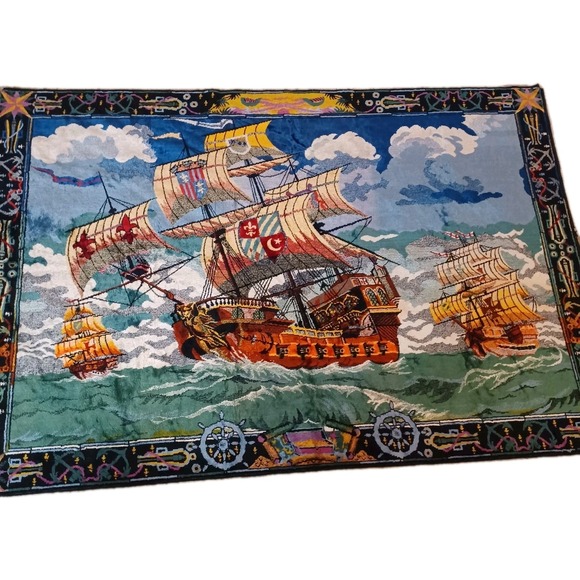 Vintage Wall Tapestry Pirate War Ships Maritime Sailing Nautical Decor Rug
